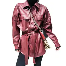 Женское пальто из искусственной кожи весна-осень, Женские однотонные куртки с длинным рукавом, женская верхняя одежда в стиле ретро с поясом V965