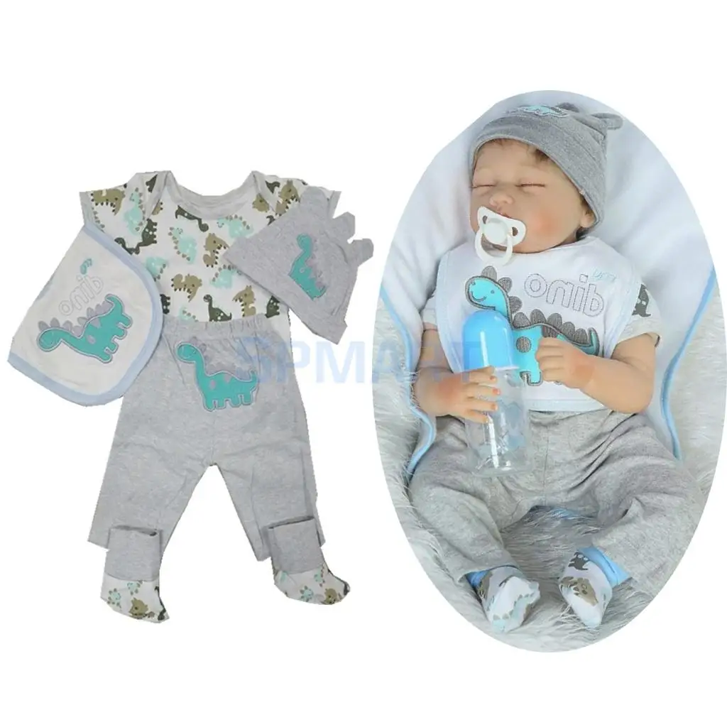 Lovely 6 Pieces Baby Dolls Clothes Rompers Pants Socks Hat Bib for 22-23inch Reborn Girl Boy Doll Pajamas Sleepwear