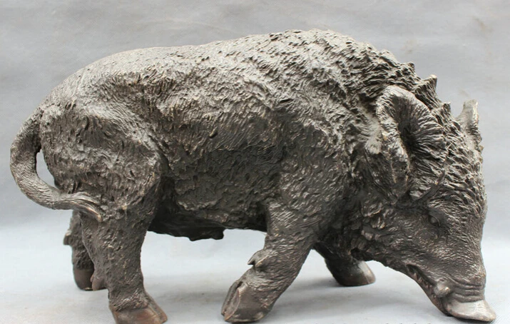 

USPS to USA S1828 14" Folk Chinese Bronze Carved Wild Sus Scrofa Boar Pig Tusk Statue Animals B0401