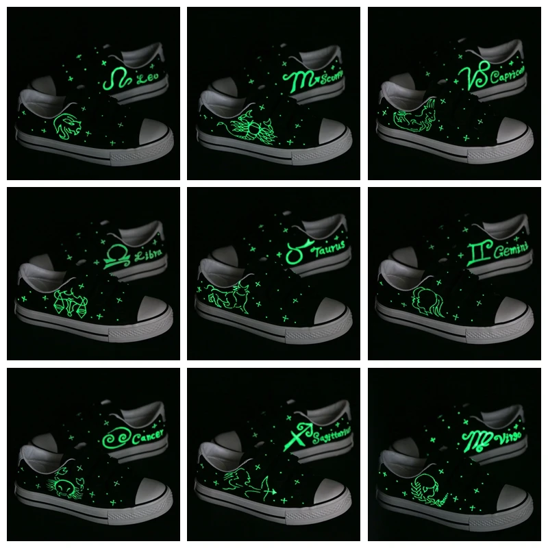 

Customized 12 Kinds Constellation Hand Painted Luminous Canvas Shoes Low Top Casual Style Women Flat Shoes Plus Size For Couples