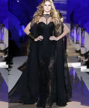

Black Evening Gown Mermaid See Through High Neck Lace Beaded Sequins Floor Length Long Party Gown with Cloak for Wedding Party