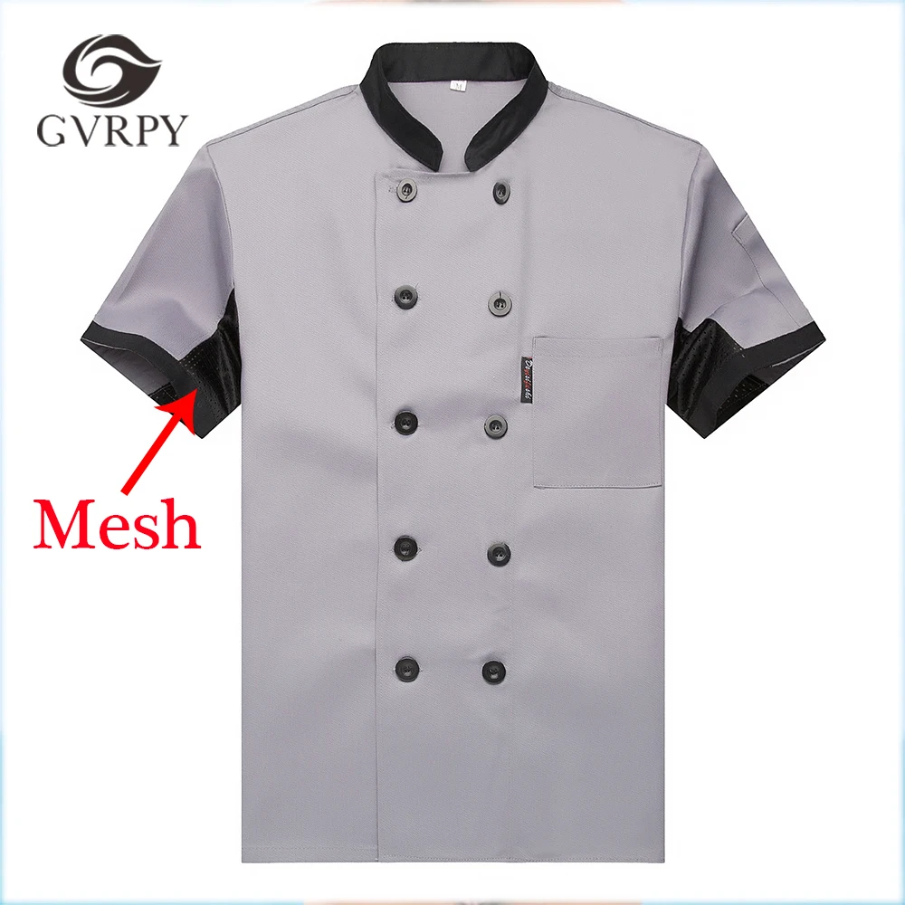 

New Wholesale Women Men Short-sleeve Double Breasted Patchwork Kitchen Bakery Sushi Chef Jacket Restaurant Workwear Chef Uniform