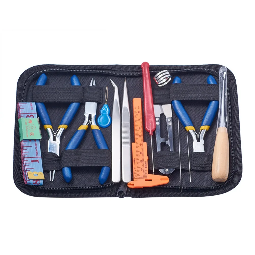 

Pandahall 14Pcs DIY Jewelry Tool Sets With Pliers Scissor Tweezers Vernier Caliper Tape Measure and Pins Mixed Color