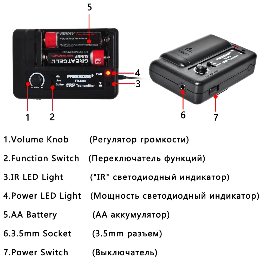 FREEBOSS FB U03 2 1 Way 100 channel Bodypack передатчик для камеры гитары беспроводной микрофон