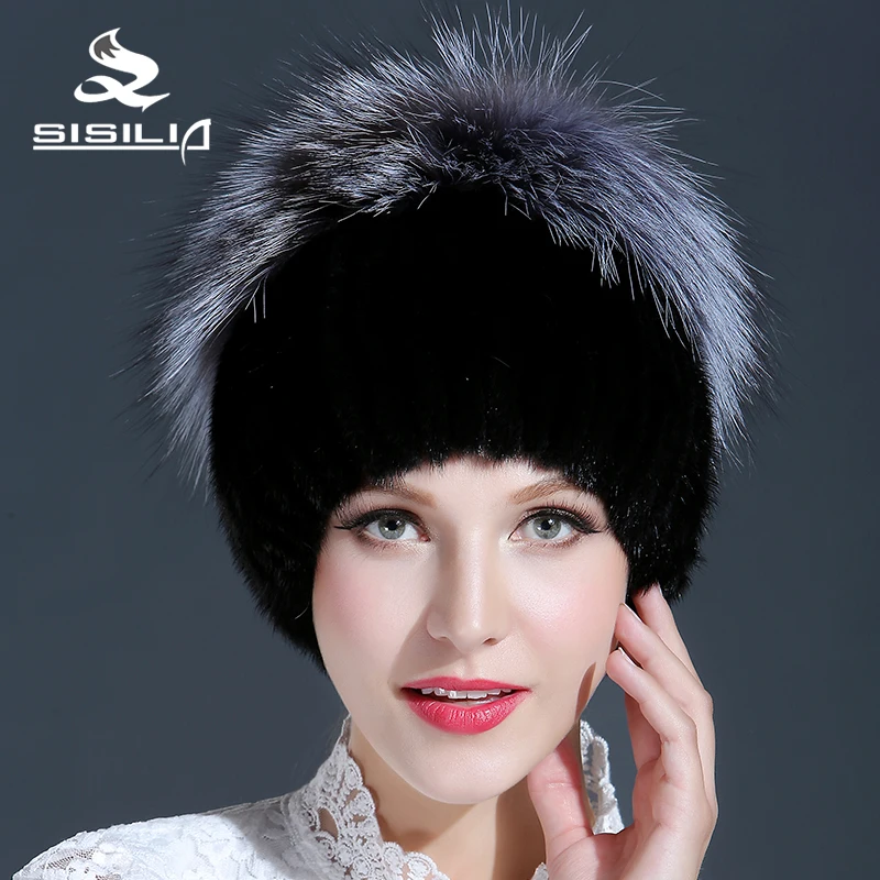 Черный норки меховая шапка с большой siliver лисицы согреться шапочки шапка sisilia толстая женщина cap
