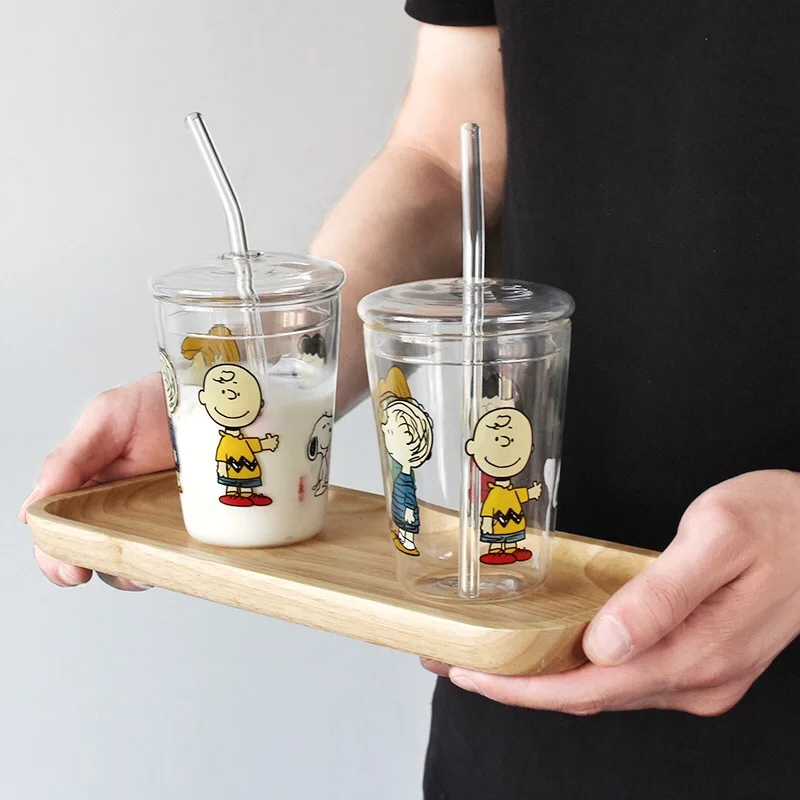 Glass Water Bottle With Straw Milk Breakfast Glass Bottle with Cover Cartoon Bottle Transparent Glass Bottle