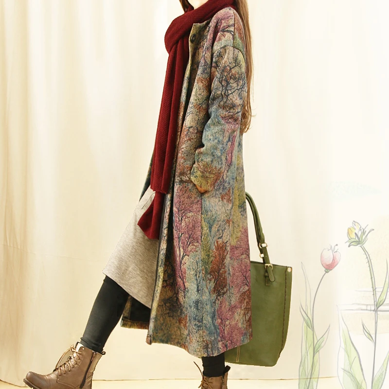 

SCUWLINEN 2019 Spring Autumn Vintage Woolen Outerwear Female Print Thickening Overcoat Loose Trench Casual Long Jackets E15189
