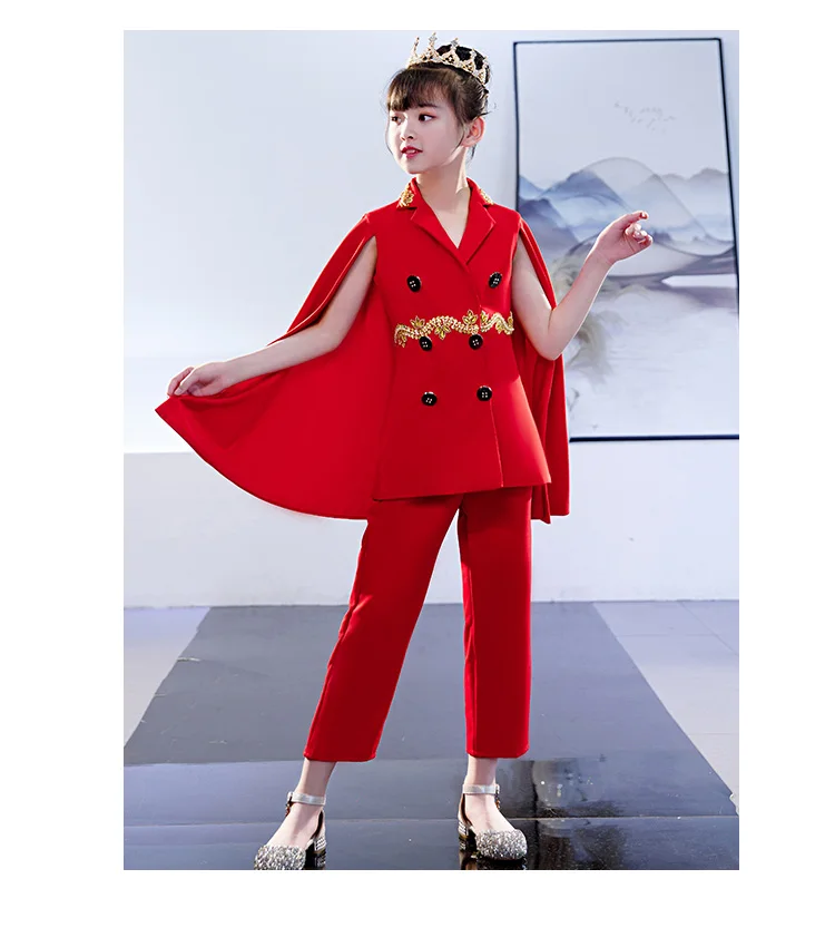 Longqibao/Детский костюм для подиума, одежда для девочек, красный персональный модельный костюм для девочек, модный костюм, костюмы, детская одежда