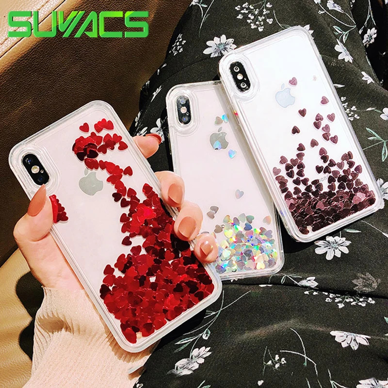 

SUYACS Liquid Glitter Quicksand Love Heart Foil For iPhone 6 6S 7 8 Plus X XS MAX XR 5S SE Back Cover Transparent Soft TPU Case