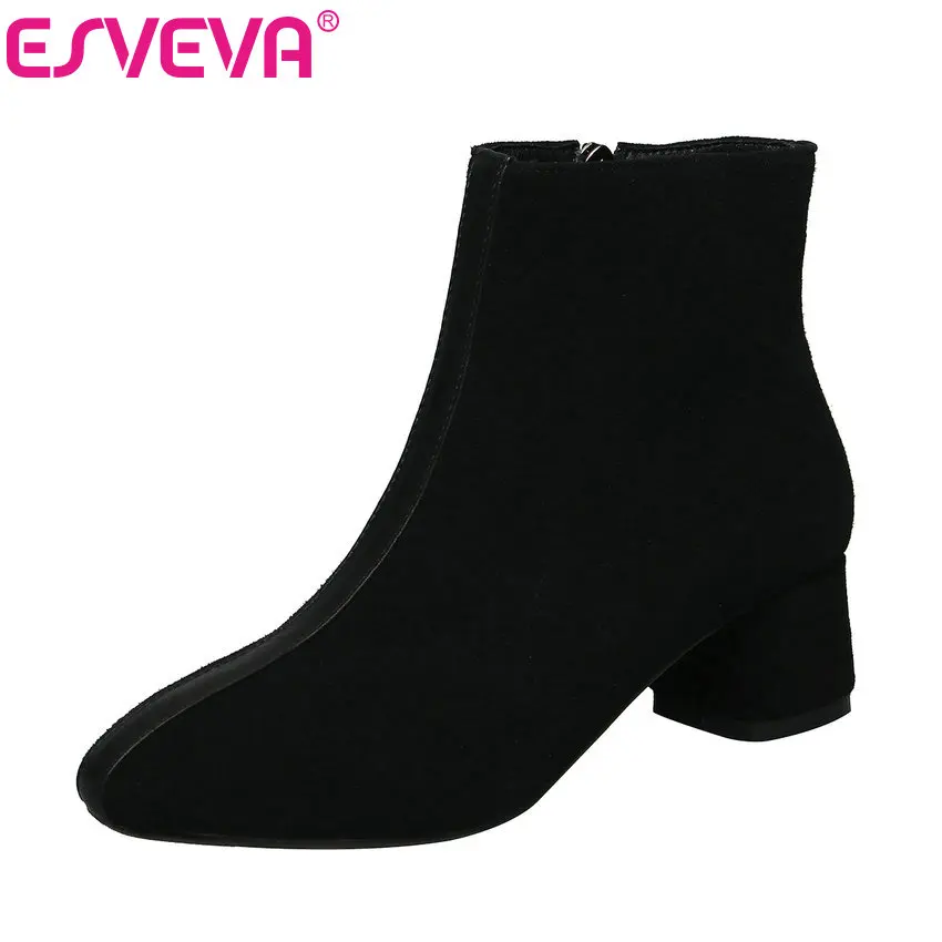 

ESVEVA 2020 Women Shoes Winter Ankle Boots Flock+pu Square Med Heel Zipper Crystal Motorcycle Platform Boots Size 34-42