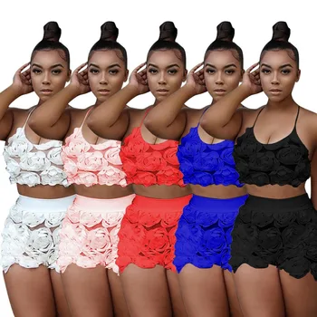 

Hot Design Flowers Rose Lace Stitching Lovely Cute Summer Strap Women Set Shorts Suits