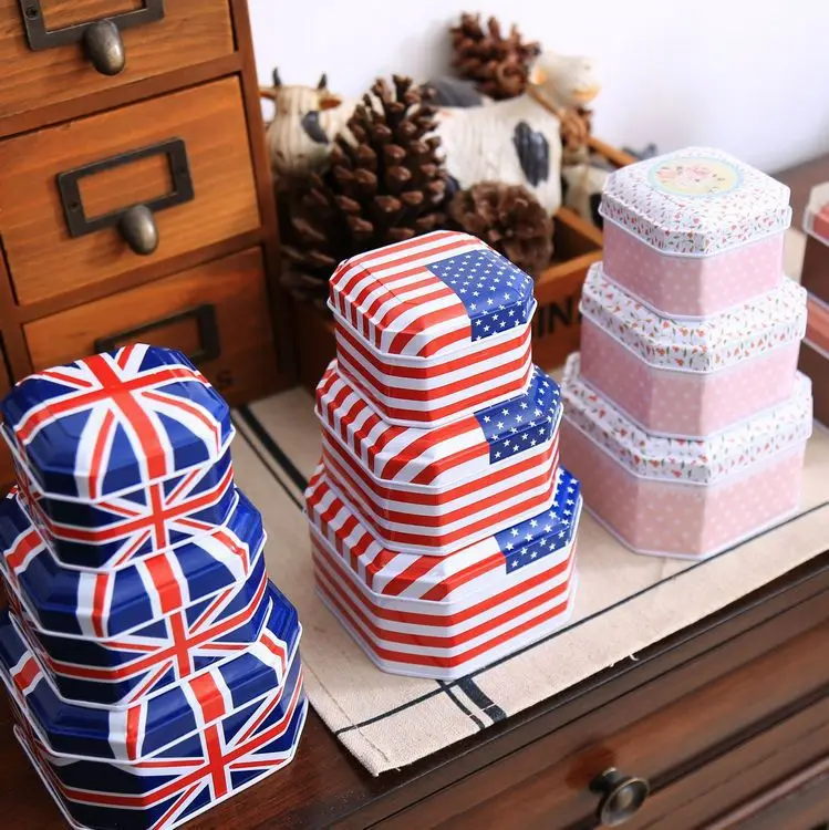 

AIBEI-ZAKKA octagon Vintage Metal Box 3PCS/SET Small Jewelry Organizer Biscuit Tin Storage Box