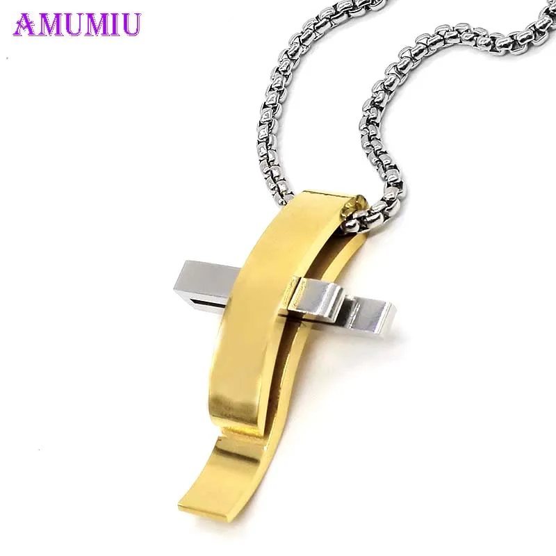 

AMUMIU Silver Gold Rose Gold Color Cross Stainless Steel Pendant Necklace Men Women Chain Jewelry Christmas Gifts Wholesale P023
