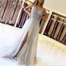 Блестящие Серебристые платья для выпускного вечера года с v-образным вырезом и блестками, прозрачные платья без рукавов для девочек, вечерние платья для выпускного вечера с Боковым Разрезом