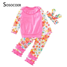 Sosocoer симпатичная одежда для девочек Наборы для ухода за кожей Новинка года Цветочные футболки+ Брюки для девочек+ повязка на голову, 3 шт. детская одежда осень Цветочный комплект одежды для девочек