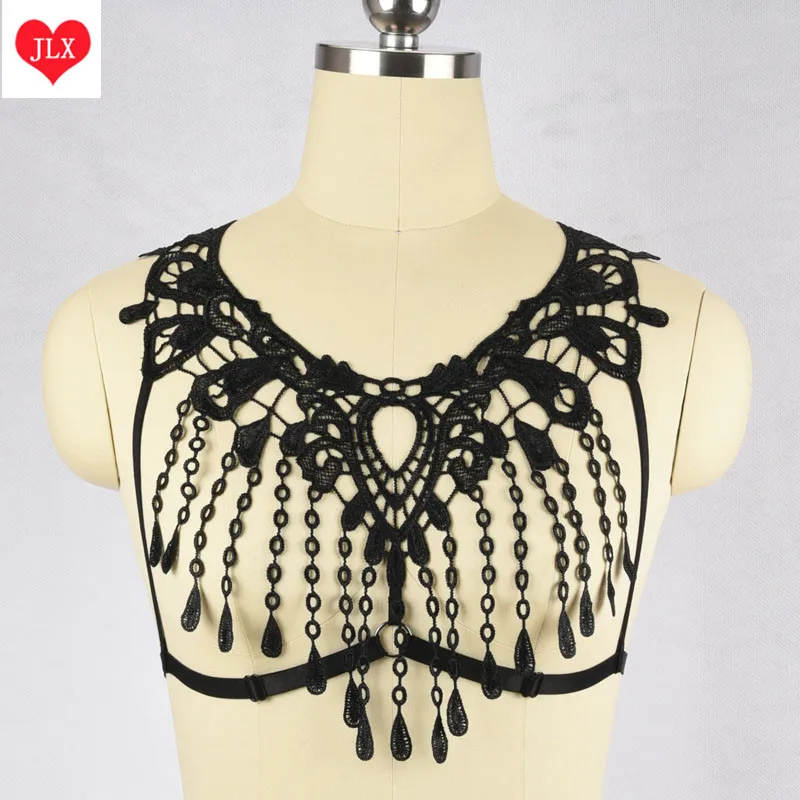Women's 90's Handmade Bohemia Gothic style Lace tassels harness bra and