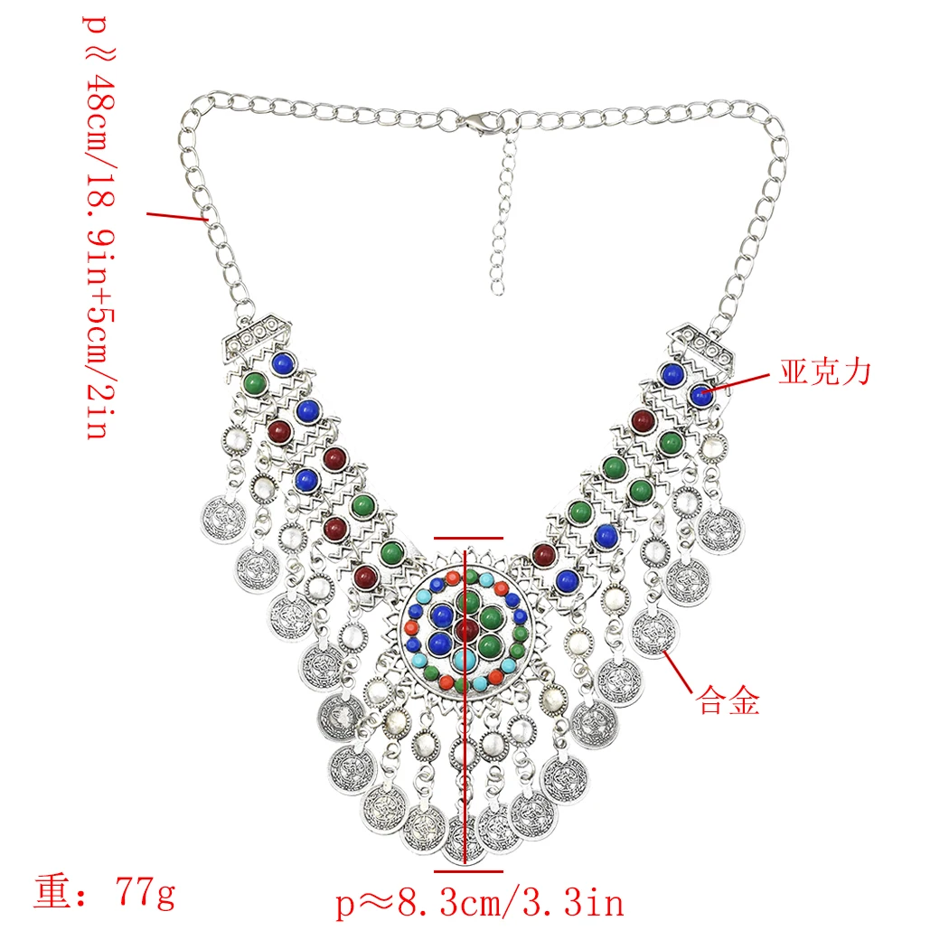Ethnic Leather Turkish Gypsy Silver Coin Tassel Turkish Indian Tribal Necklace