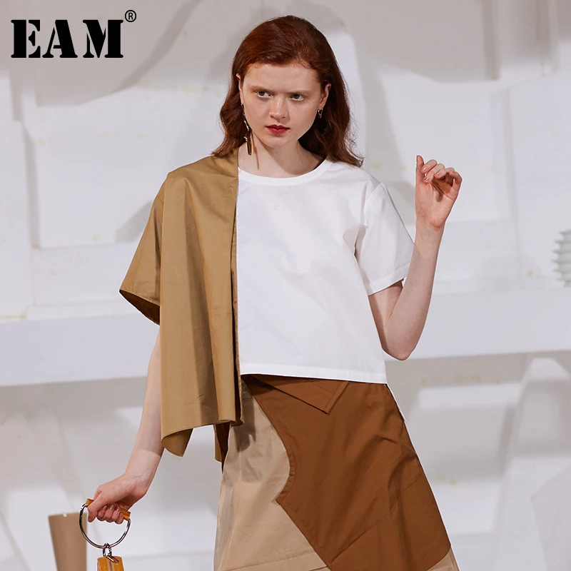 [EAM] 2018 Summer Fashion New White Khaki Hit Color Round Collar Short Sleeve Irregular Stitching T-shirt Women's Tops YC64404