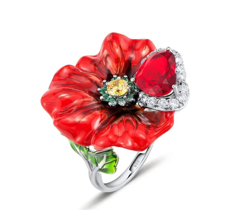 

ZN 2019 New Exquisite Red Blossom Ring Pink Flower Ring for Women Engagement Wedding Rings Jewelry Gifts Charm Decorations