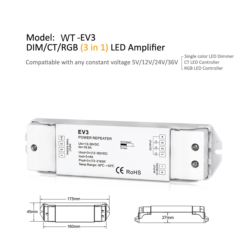 Светодиодный Усилитель RGB RGBW Одноцветный CT 5 в 12 В 24 в 36 в мощности с ШИМ повторителем EV1 EV3 EV4 EV4-X для 1CH 3CH 4CH светодиодной ленты