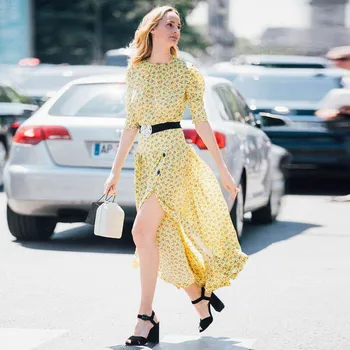 

Designer High Quality Vintage Elegant Chic Long Dress Summer New Women'S Fashion Party Sexy Boho Beach Print Chiffon Dresses