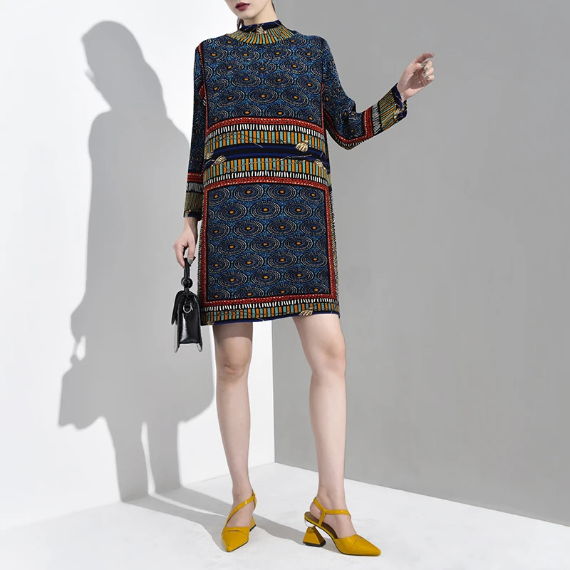 

LANMREM 2019 new fashion female's long sleeve shirt women hoodies Vestido round collar vintage printed female dresses