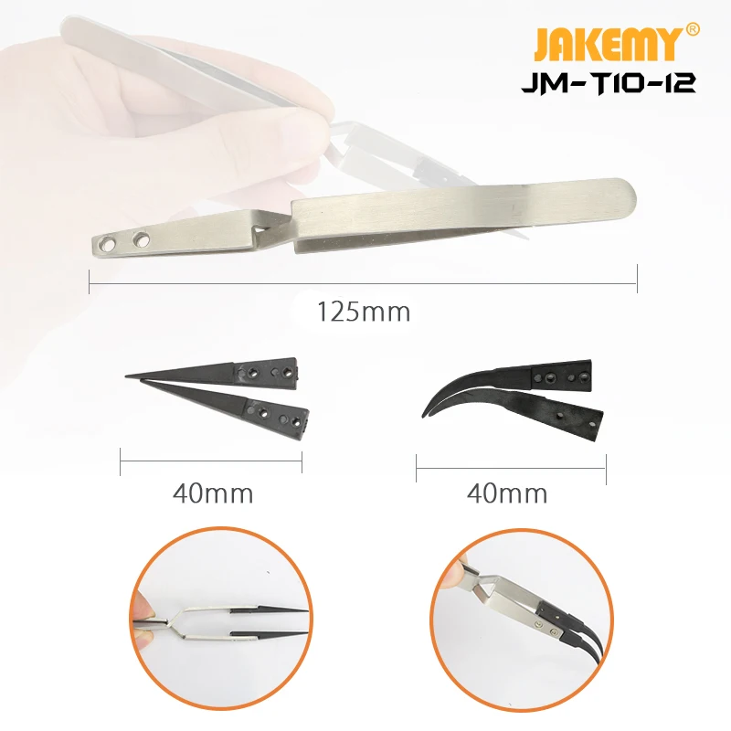 Jakemy JM-T10-12 Stainless Steel Precision Anti-static ESD Tweezers with Curved & Straight Plastic Tip for Phone Repair BGA Work