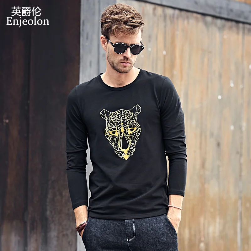 

Enjeolon brand casual long sleeve t shirt man cotton printing black base plus size 3XL Clothing Tops Tee free ship RST7024-1