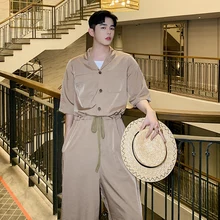 Летний дизайнерский ретро с высокой талией свободный широкий длинный комбинезон tide бренд мужские корейские версии приталенные, с коротким рукавом комбинезон