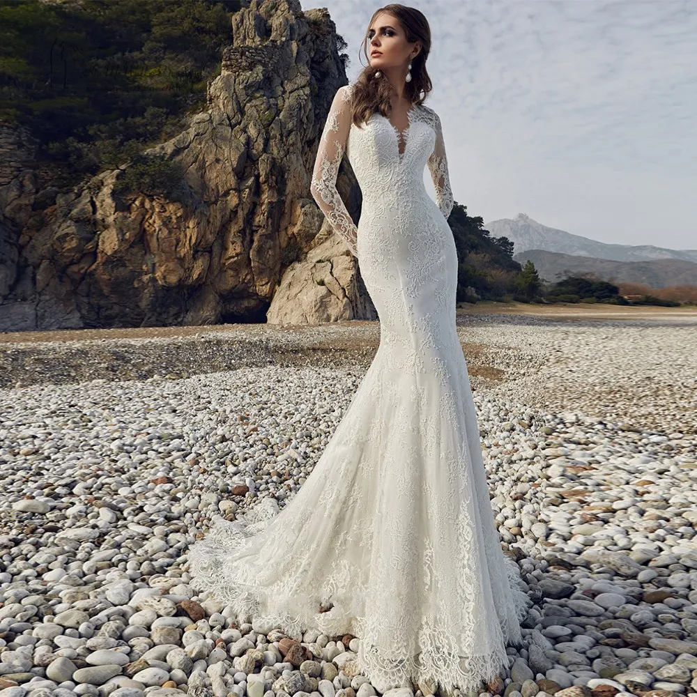 

Sexy Wedding Dress Mermaid Long Sleeve Bride Dresses Backless Wedding Gown Lace Beach Bride Dress