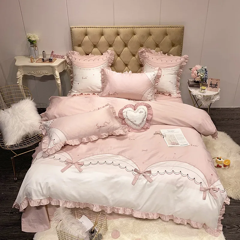 

Cute bow Bedding Set Queen Size embroidery Bedding Sheet egyptian cotton Bed Linen ropa de cama King Bed Set Duvet Cover 4/7pcs