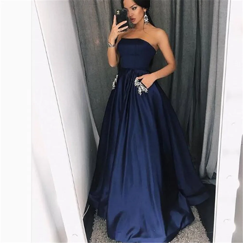 navy Blue Evening Dresses Satin Strapless Crystals Pockets A Line Long