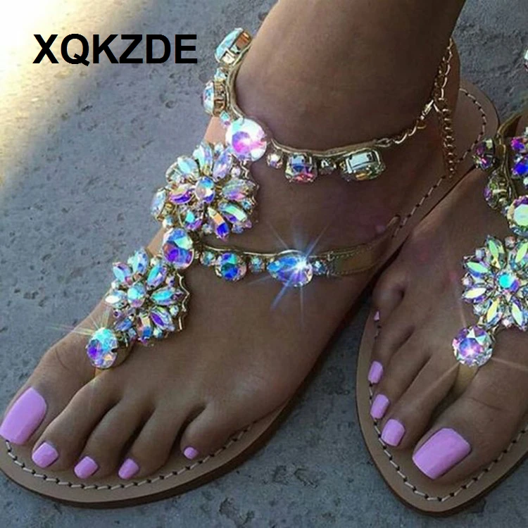 

XQKZDE 2018 Woman Sandals Rhinestones Chains Thong Gladiator Flat Crystal Chaussure Plus Size 46 Shoes ZSAF18