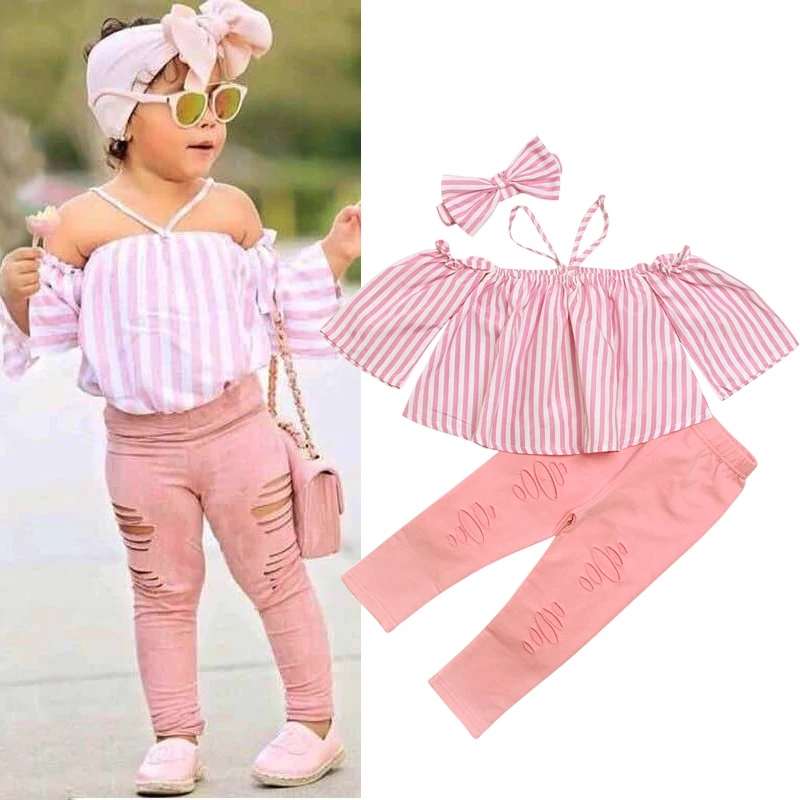 

Girls Clothing Sets 2018 Ins Fashion Strapless Pink Tops+Broken Hole Jeans+Headdress 3PCS Suits for Kids Children's Clothing