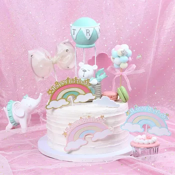 

New Ins Rainbow Happy Birthday Cake Topper Pink Hot Balloon Cupake Topper for Girls Birthday Party Cake Decorations Baby Shower