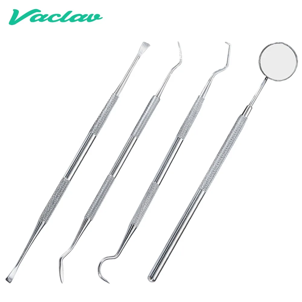 Vaclav 4Pcs Dental Mirror Stainless Steel Dental Dentist Prepared Tool Set Probe Tooth Care Kit Instrument Hoe Sickle Scaler 