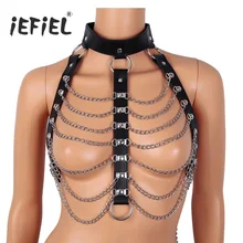 Горячая унисекс имитация кожи панк готический Холтер шеи с кисточкой из металлических цепочек нагрудный ремень с замком костюмы Связывание тела жгут груди