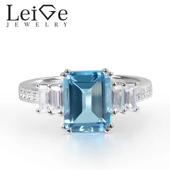 

Leige Jewelry Swiss Topaz Ring Emerald Cut Blue Gemstone Prong Setting 925 Sterling Silver for Women Romantic Gifts