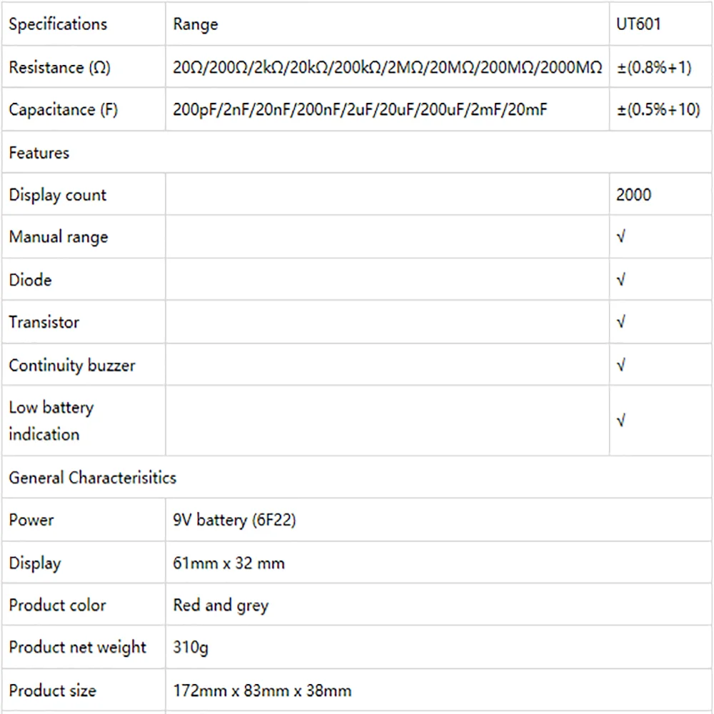 UT601 Современный Инструмент для измерения емкости и индуктивности конденсаторов и индукторов тестер LCR метр ом метр тестер Мегаомметр