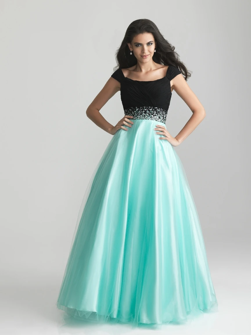 Custom Made Elegant Black And Blue Tulle Ball Gown Modest Prom Dress