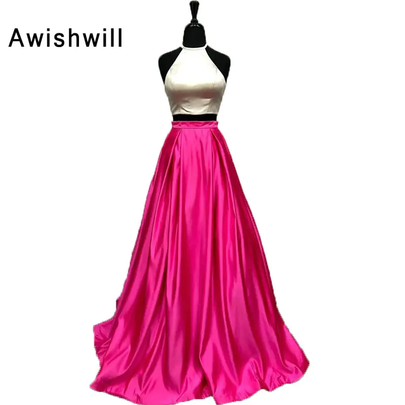 New Arrival Long Evening Dresses Two Pieces Halter Satin A-line Party Dress Open Back Sexy Special Occasion Cheap | Свадьбы и