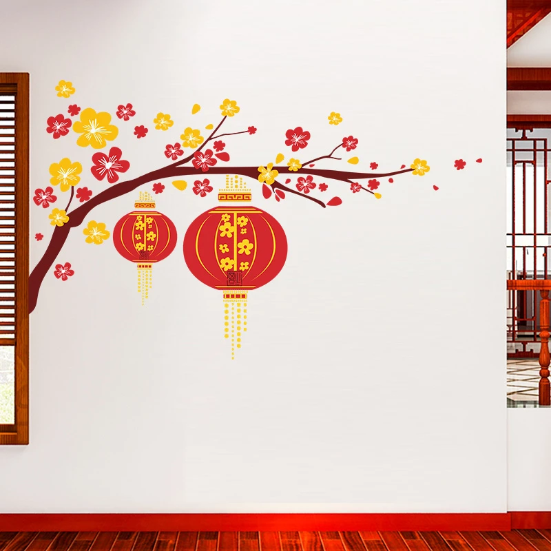 

Chinese Flower Lantern Plum Branch Decorative Wall Stickers Living Room Home Decoration PVC Mural Festival Happy New Year Decals