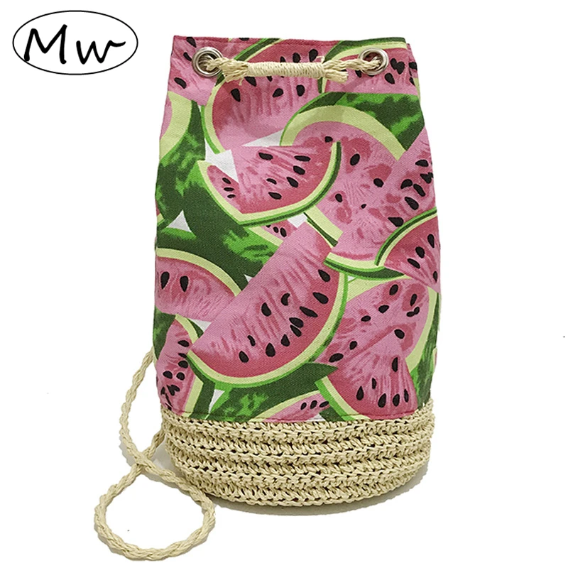 

Moon Wood Summer Fruit Watermelon Drawstring Bucket Bag 2019 Boho Straw Beach Tote Bag Shoulder Bag Women Shopping Handbag Big