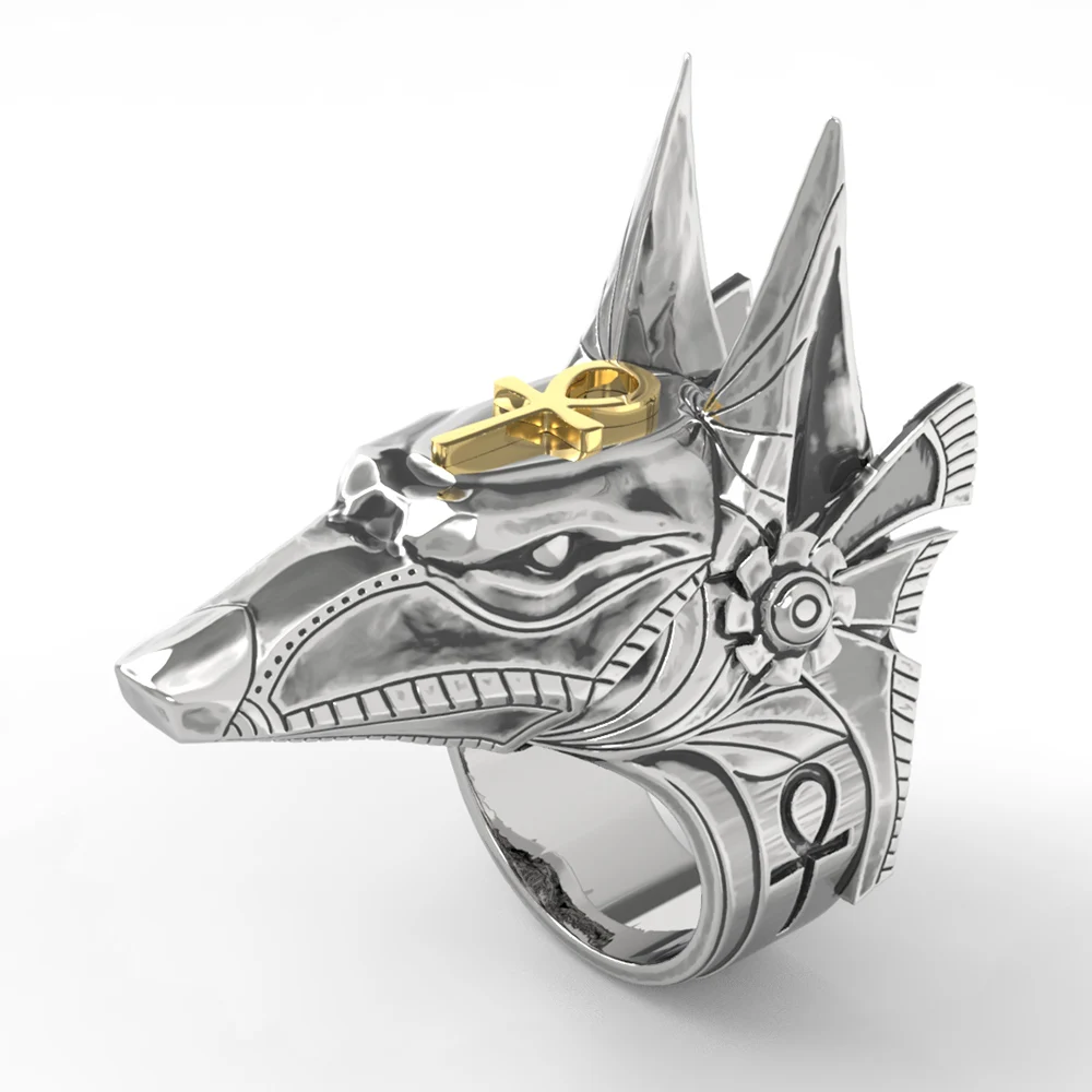 

Ancient Egyptian Myth Cross Anubis Rings Stainless Steel Punk RingFor Men High Quality