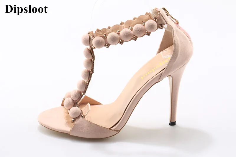 The Hottest 2018 Woman Ball Decorated Summer T-strap Sandals Open Toe Back Zipper Dress Party Shoes Woman High Heels Cover Heels