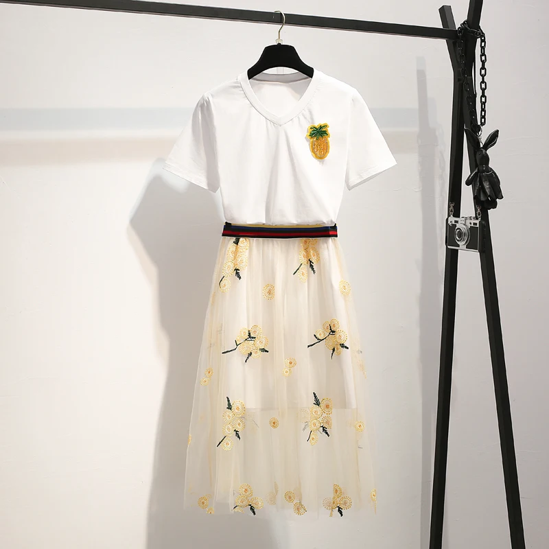 

2 Piece Set Women Long T-shirt Floral Embroidery Mesh Skirt Suit Female Women 2 Piece Outfits Ropa Mujer Verano 2019 Summer Set