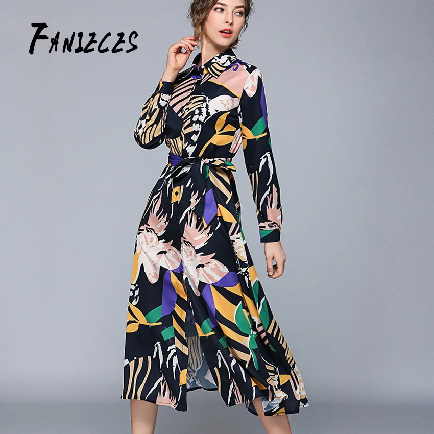 

A-Line Fall winter Runway stripe Floral Print dresses Turn-down Collar Long Sleeve Women Party Casual Empire Waist Maxi Dress