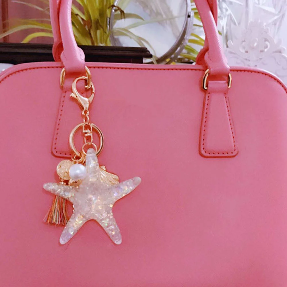 New Cartoon Sea World Starfish Pearl Shell Keychain Bag Chain KeyRing Crystal Pendant Women Bag Ornament Bag Accessories