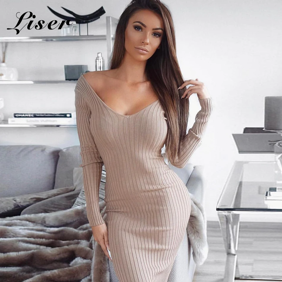 

Liser 2019 New Summer Women Dress V Neck Striped Bandage Dress Sexy Bodycon Elegant Evening Party Black Apricot Dresses Vestidos