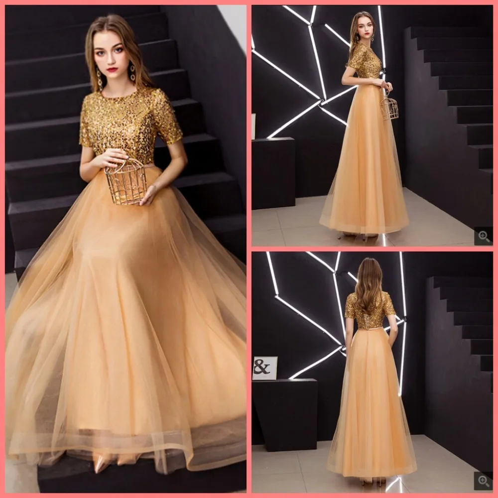 Vestido De Festa Золотое расшитое блестками тканевое ТРАПЕЦИЕВИДНОЕ скромное вечернее
